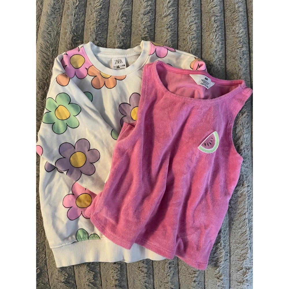 Bundle Zara Kids Floral Sweatshirt & H&M Pink Terry Watermelon Tank Top Size 6-7